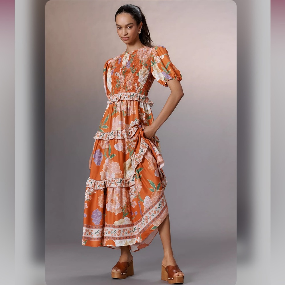 Farm Rio Short-Sleeve Crew-Neck Tiered A-Line Maxi Dress